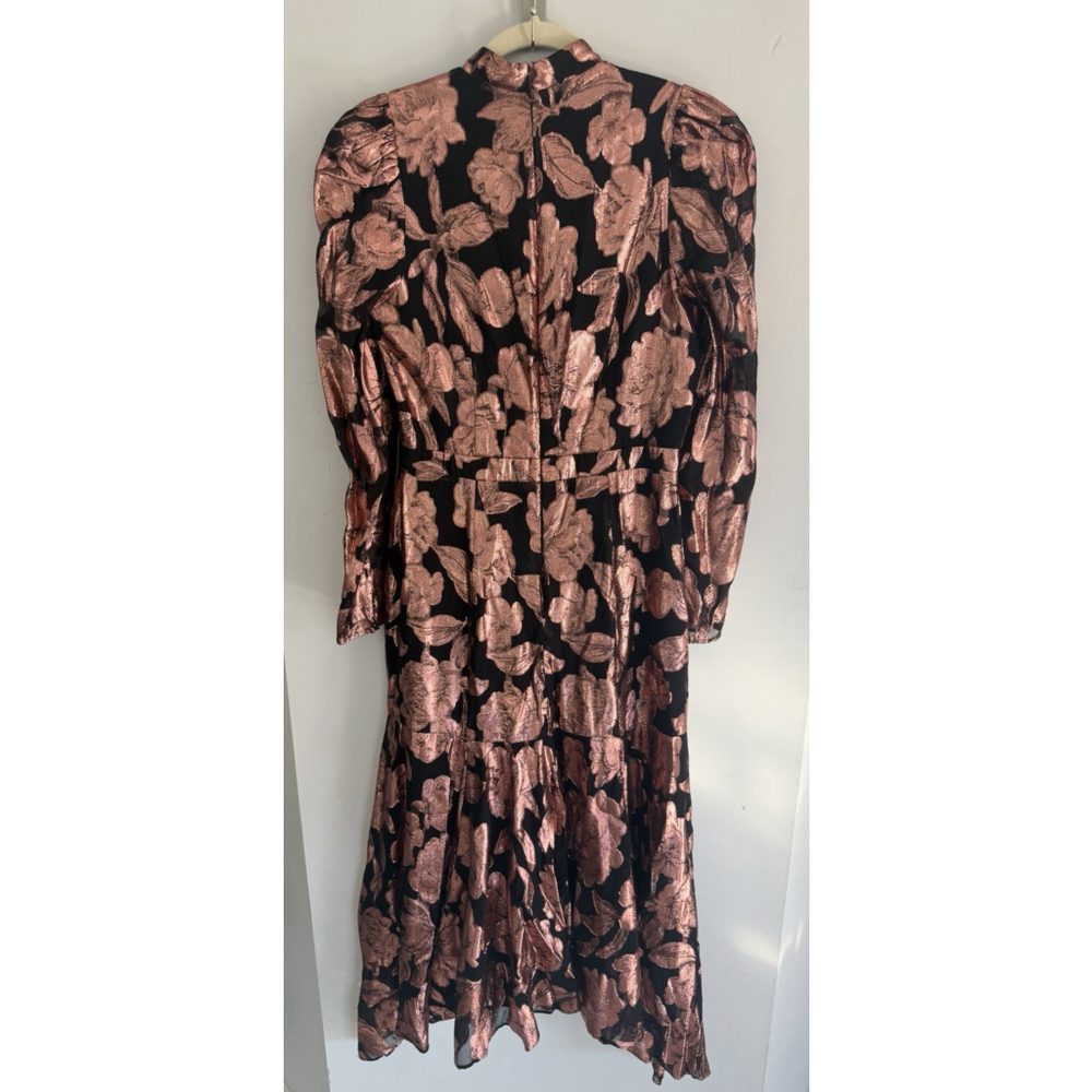 Yumi Kim Black Chiffon Rose Gold Metallic Floral Print Mock Neck Maxi Dress Med - Picture 3 of 9
